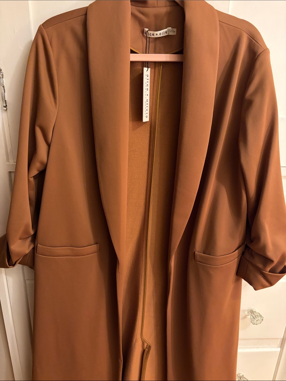 Alice + Olivia Long Open-Front Trench Coat in Rust Brown